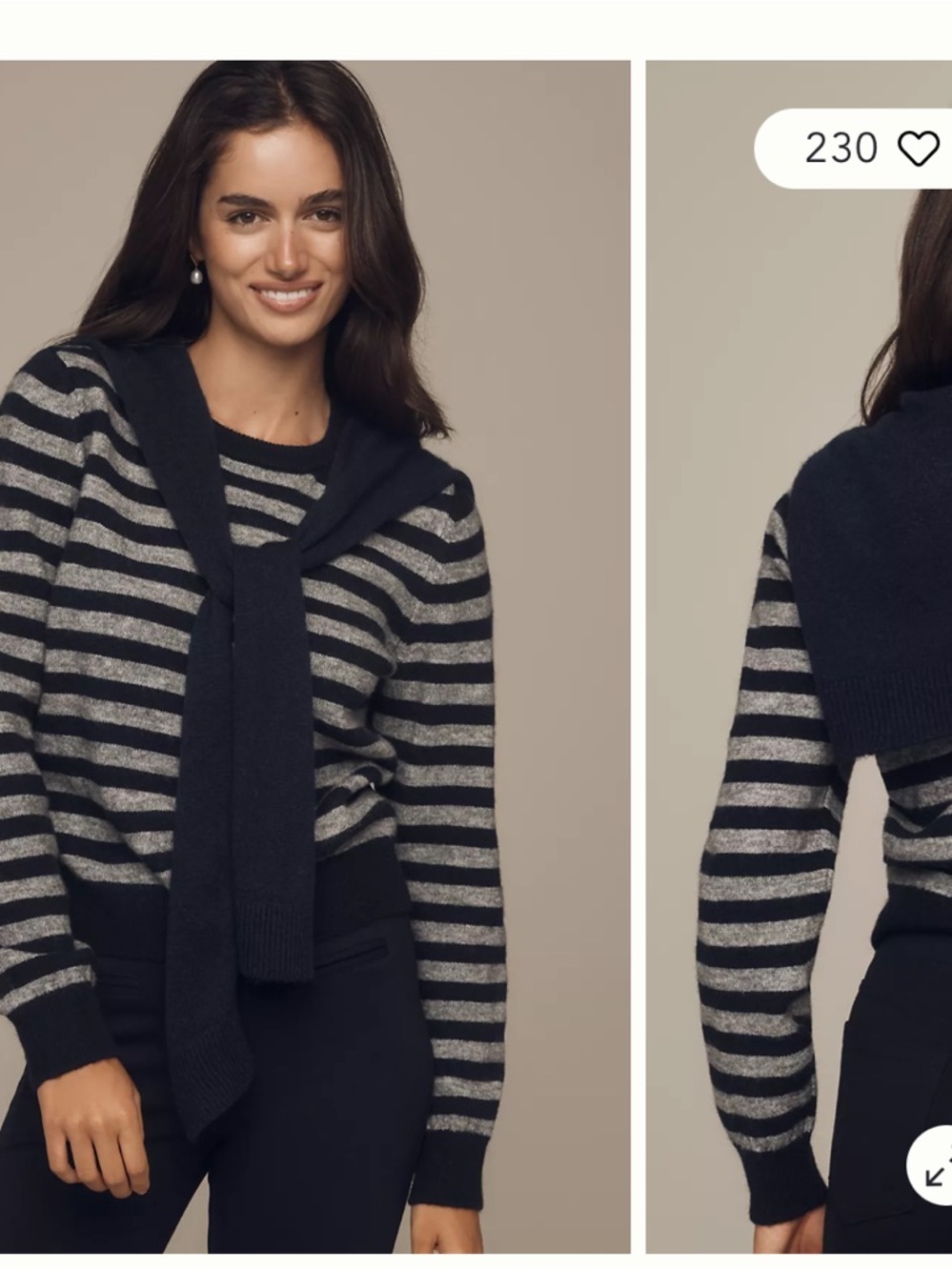 Maeve Maeve Crew Neck Scarf Sweater XS Navy Gray Striped Knit Anthropologie